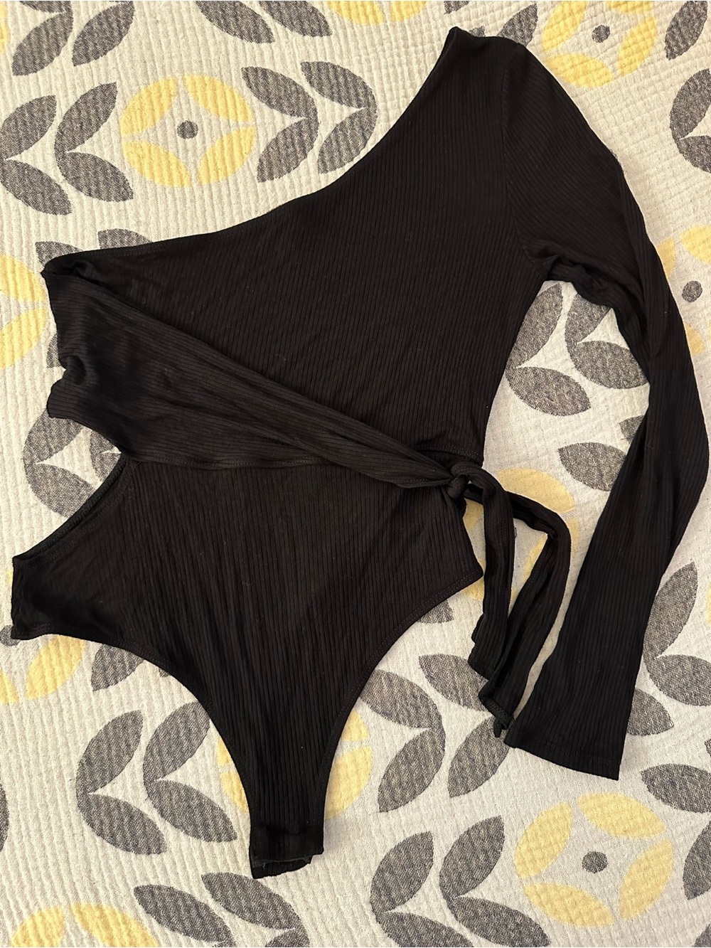 Blue Blush Black Ribbed One-Shoulder Long-Sleeve Bodysuit with Side Tie